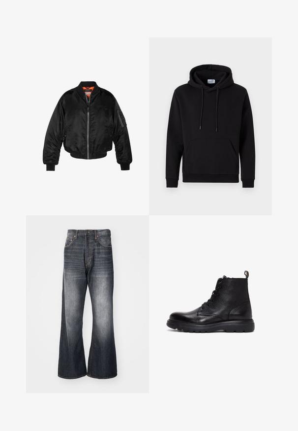Chaqueta bomber negra hecha de tejido de nailon brillante con puños de canalé, cierre de cremallera en el frente y un forro naranja. Cuenta con un bolsillo con cremallera en la manga.; Sudadera negra hecha de tejido rico en algodón, con un bolsillo frontal, capucha con cordones y puños de canalé. Diseño simple y casual.; Weekday TIME LOOSE BOOTCUT - Vaqueros rectos - ash black; Bota de tobillo de cuero negra con acabado texturizado, puntera redonda, cierre de cordones en la parte delantera y suela de goma gruesa con tracción. Con tira en la parte posterior.