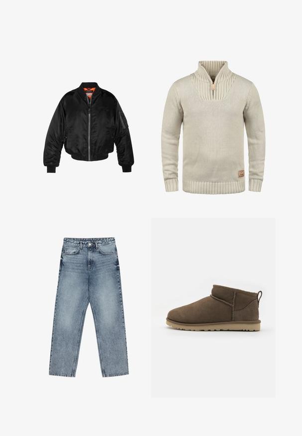 Černá bomber bunda vyrobená z lesklého nylonového materiálu s žebrovanými manžetami, zapínáním na zip a oranžovou podšívkou. Obsahuje zipovou kapsu na rukávu.; Beige pletený svetr s polo zipem, žebrovanými manžetami a spodním lemem. Vybavený texturovaným vzorem na límci a malou logovou nášivkou.; Světle modré džíny z denimu se střihom rovnými nohavicemi, viditelným šitím, designem s pěti kapsami a knoflíkovým zapínáním v pase.; Krátké hnědé semišové kotníkové boty s kulatou špičkou, viditelným šitím a texturovanou lehkou gumovou podrážkou, s poutkem na zadní straně.