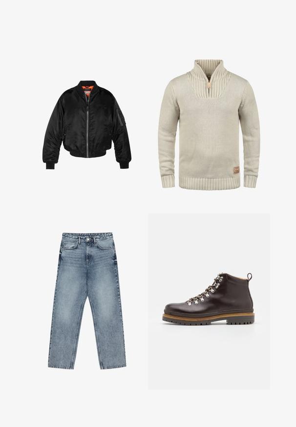 Black bomber jacket made of shiny nylon fabric with ribbed cuffs, a zip front, and an orange lining. Features a zip pocket on the sleeve.; Beige knit sweater with a half-zip collar, ribbed cuffs and hem. Features textured pattern on the collar and a small logo patch.; Light blue denim jeans with a straight leg cut, visible stitching, five pocket design, and a button closure at the waist.; Zign LEATHER - Lace-up ankle boots - brown