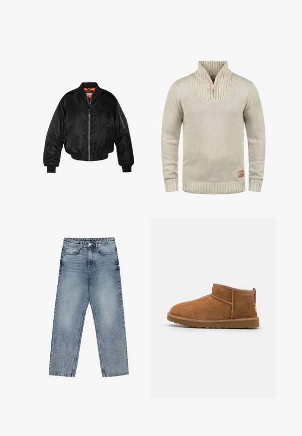 Črna bomberska jakna iz sijočega najlonskega materiala z rebrastimi manšeti, z zadrgo na sprednji strani in oranžno podlogo. Ima žep z zadrgo na rokavu.; Bežna pletena jopica s polovičnim zadrgo, rebrastimi manšetami in robom. Ima teksturiran vzorec na ovratniku in majhen logotip na obližu.; Svijetloplave traperice s ravnim krojem, vidljivim šavovima, dizajnom od pet džepova i kopčanjem na gumbu u struku.; Tanen semiš škornji do gležnjev z zaobljenim nosom, subtilnimi šivi in teksturirano gumijasto podplatom. Kratka višina brez vezalk.