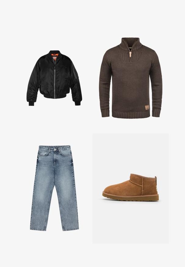 Zwarte bomberjack gemaakt van glanzende nylon stof met ribbelmanchetten, een ritssluiting aan de voorkant en een oranje voering. Bevat een ritssluiting zak op de mouw.; Bruine gebreide pullovertrui met geribde manchetten, hoge geribde kraag met een voorkantrits, en een klein leren merklabel aan de zoom.; Lichtblauwe denim jeans met een rechte pijp, zichtbare stiksels, vijf zakken en een knoopsluiting in de taille.; Tan suède enkellaars met een ronde neus, subtiele stiksels en een gestructureerde rubberen zool. Korte hoogte zonder veters.