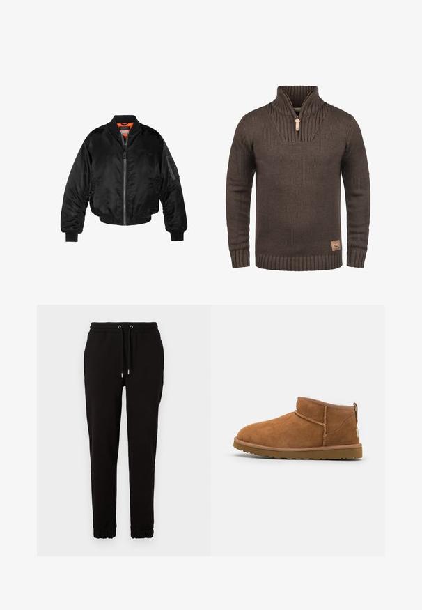 Zwarte bomberjack gemaakt van glanzende nylon stof met ribbelmanchetten, een ritssluiting aan de voorkant en een oranje voering. Bevat een ritssluiting zak op de mouw.; Bruine gebreide pullovertrui met geribde manchetten, hoge geribde kraag met een voorkantrits, en een klein leren merklabel aan de zoom.; Zwarte sweatpants van zachte stof, met een elastische tailleband met trekkoord, zijzakken en gather cuffs bij de enkels.; Tan suède enkellaars met een ronde neus, subtiele stiksels en een gestructureerde rubberen zool. Korte hoogte zonder veters.