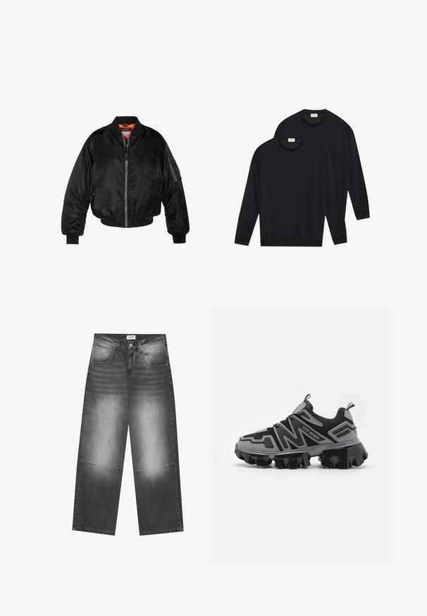 Black bomber jacket made of shiny nylon fabric with ribbed cuffs, a zip front, and an orange lining. Features a zip pocket on the sleeve.; Black cotton sweatshirts, featuring a round neckline, long sleeves, and ribbed cuffs and hems, presented in a stacked arrangement.; Wide-leg black denim jeans with a faded gray finish, featuring front pockets, a button closure, and slight distressing on the knees.; Steve Madden PRIVE - Trainers - light grey