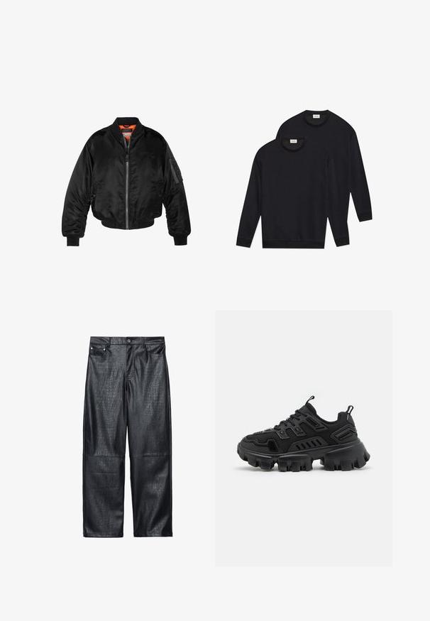 Čierna bomber bunda vyrobená z lesklého nylonového materiálu s rebrovými manžetami, predným zipsom a oranžovou podšívkou. Obsahuje zipsovú vrecko na rukáve.; Čierne bavlnené mikiny so zaobleným výstrihom, dlhými rukávmi a rebrovanými manžetami a lemami, prezentované v naskladanom usporiadaní.; Čierne nohavice z faux kože s širokými nohavicami, ktoré majú textúru krokodíla, tradičný dizajn s piatimi vreckami a detaily z strieborného kovu na gombíku a nitkách.; Čierna atletická obuv s textúrovanou gumovou podrážkou, viacvrstvovými dizajnovými prvkami a vystuženými akcentmi. Obsahuje šnúrky a ťahaciu pätu.