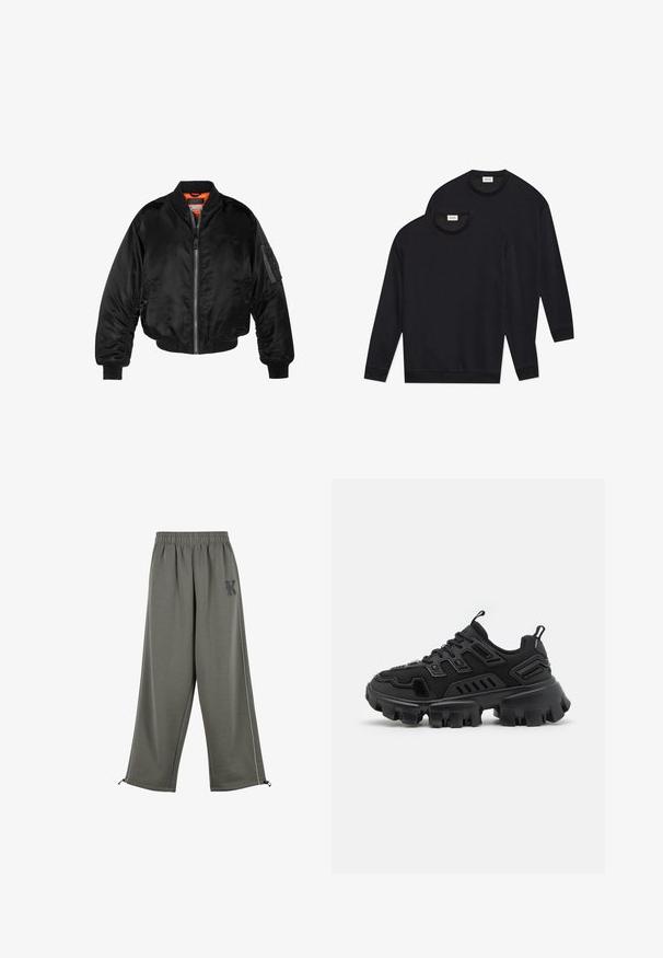 Svart bomberjakke laget av blank nylonstoff med ribbede mansjetter, glidelås foran og oransjefôr. Har en glidelåslomme på ermet.; Svart bomullssweatshirts med rund hals, lange ermer, og ribbestrikkede mansjetter og nederkant, presentert i en stablet oppstilling.; Karl Kani KK OS SIDESTRIPE - Bukse - grey; Sorte atletiske sko med teksturert gummisåle, lagdelte designelementer og forsterkede detaljer. Har snører og trekklo på hælen.