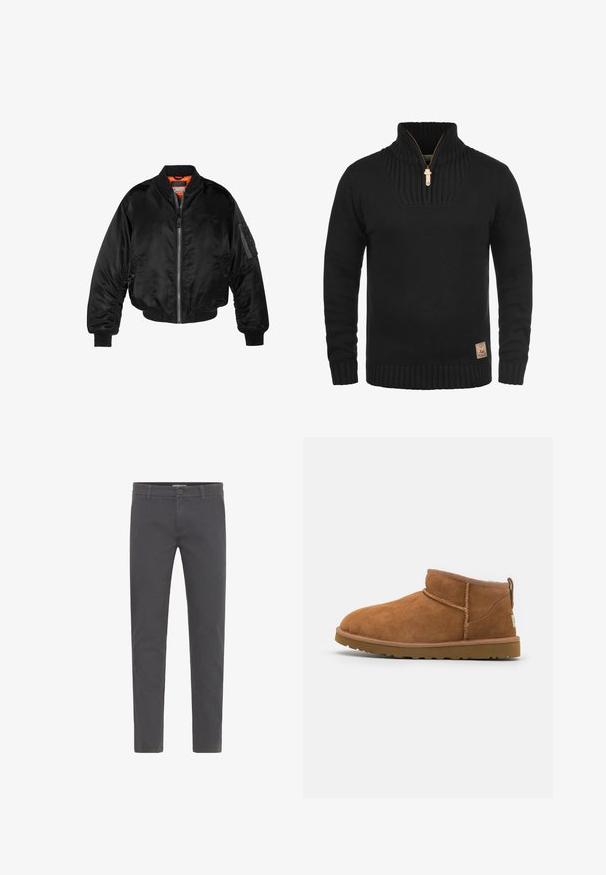 Černá bomber bunda vyrobená z lesklého nylonového materiálu s žebrovanými manžetami, zapínáním na zip a oranžovou podšívkou. Obsahuje zipovou kapsu na rukávu.; Černý pletený svetr s vysokým límcem, polovičním zipem, žebrovanými manžetami a lemem. Výrazná kožená nášivka na dolní straně.; Šedé slim-fit kalhoty vyrobené z měkké bavlny. Mají zapínání na knoflík, poutka na opasek a čistý, moderní design. Bez viditelných vzorů.; Světlé semišové kotníkové boty s kulatou špičkou, jemnými švy a texturovanou gumovou podrážkou. Krátká výška bez šněrování.