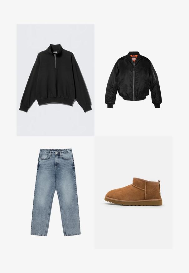 Must noirist bomber-jakk, mis on valmistatud läikivast nailonist kangast, ribikätistega, lukk ees ja oranž vooder. Omab lukuga taskut varruka peal.; Mustad pusa kõrge krae ja poole lukuga, millel on langenud õlad ja sooniline äär. Valmistatud pehmest, tekstuuriga kangast.; Heledad sinine teksad sirge lõikega, nähtavate õmblustega, viie taskuga disain ja nupuga kinnitamine vööl.; Kerged suede pahklipüne, ümarate varvastega, delikaatsed õmblustead ja tekstureeritud kummist tald. Lühike kõrgus ilma paeltega.