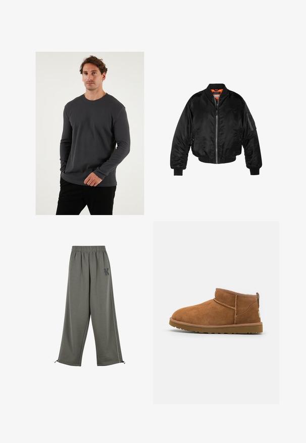 Jachetă bomber neagră dintr-un material nylon lucios, cu manșete ribbed, deschidere cu fermoar și căptușeală portocalie. Prezintă o buzunare cu fermoar pe mânecă.; Tricou pe termen lung, cu mânecă lungă, de culoare gri, cu guler rotund, din țesătură texturată și croială ajustată, purtat cu pantaloni negri, pe un fundal neutral.; Karl Kani KK OS SIDESTRIPE - Pantaloni - grey; Botină antrenașă din suede bej, cu vârf rotund, detalii subtile de cusătură și o talpă din cauciuc texturată. Înălțime scurtă fără șireturi.