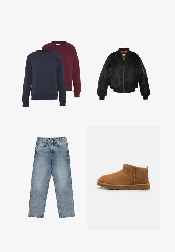 Schwarze Bomberjacke aus glänzendem Nylonstoff mit gerippten Bündchen, durchgehendem Reißverschluss und orangefarbenem Futter. Verfügt über eine Reißverschlusstasche am Ärmel.; Zwei Sweatshirts mit Rundhalsausschnitt, eines in Marineblau und eines in Burgunderrot, mit gerippten Bündchen und Saum, in einfarbigem Design und weicher Textur.; Hellblaue Jeans aus Denim mit geradem Schnitt, sichtbaren Nähten, fünf Taschen-Design und einem Knopfverschluss an der Taille.; Hellbraune Wildleder-Stiefelette mit runder Zehenform, dezenten Nähdetails und einer strukturierten Gummisohle. Kurze Höhe ohne Schnürsenkel.