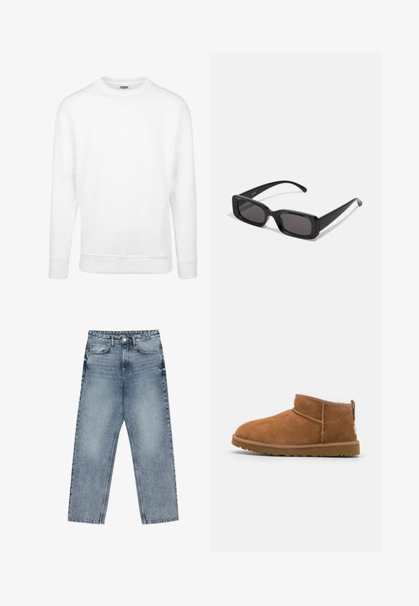 Melna bomber jaka, izgatavota no spīdīgas neilona auduma, ar ribotām aprocēm, ar rāvējslēdzēju priekšā un oranžu odere. Iespēja ir rāvējslēdzēja kabata uz piedurknes.; Baltas sporta krekls, kas izgatavots no mīksta auduma. Ievērojamas garas piedurknes, apaļa kakla izgriezums, ribinātas piedurkņu apkakles un apakšmala. Vienkāršs un minimālistisks dizains.; Gai zilu džinsu bikses ar taisnu kāju griezumu, redzamām šuvēm, piecu kabatu dizainu un pogu aizdari jostasvietā.; Bēša zamšas potītes zābaks ar noapaļotu purngalu, smalkiem diegu dekorējumiem un teksturētu gumijas zoli. Īsa augstuma bez auklām.; Melnas taisnstūrveida saulesbrilles ar tumšiem stikliem, spīdīga apdare, platas kājas un masīvs rāmja dizains. Uz vienas kājas ir iegravēts zīmola nosaukums.