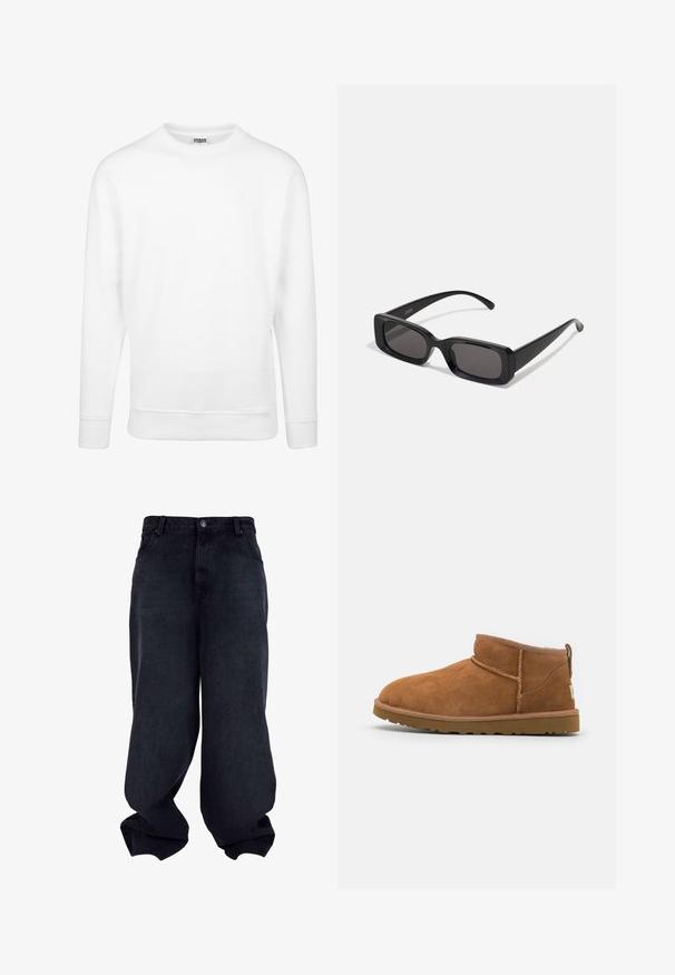 Must noirist bomber-jakk, mis on valmistatud läikivast nailonist kangast, ribikätistega, lukk ees ja oranž vooder. Omab lukuga taskut varruka peal.; Valge pusakar, mis on valmistatud pehmest kangast. Omab pikki varrukasid, ümmargust kaelust, soonikuid mansettides ja allääris. Lihtne ja minimalistlik disain.; Mustad laiad denim püksid sujuva tekstuuriga, viie tasku ja nupuga sulgemisega. Omavad mugavat lõiget ja kitsenevat allääre.; Kerged suede pahklipüne, ümarate varvastega, delikaatsed õmblustead ja tekstureeritud kummist tald. Lühike kõrgus ilma paeltega.; Mustad mustanäolised prillid tumedate läätsedega, läikiv viimistlus, laiad sangad ja massiivne raami disain. Ühe sanga peal on graveeritud brändi nimi.