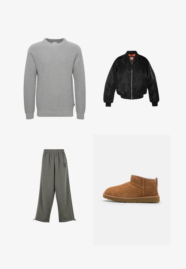 Black bomber jacket made of shiny nylon fabric with ribbed cuffs, a zip front, and an orange lining. Features a zip pocket on the sleeve.; Gray knitted sweater with a crew neckline, long sleeves, ribbed cuffs, and hem. The fabric texture is chunky and textured. Small label on the side.; Karl Kani KK OS SIDESTRIPE - Trousers - grey; Tan suede ankle boot with a rounded toe, subtle stitching details, and a textured rubber sole. Short height without laces.