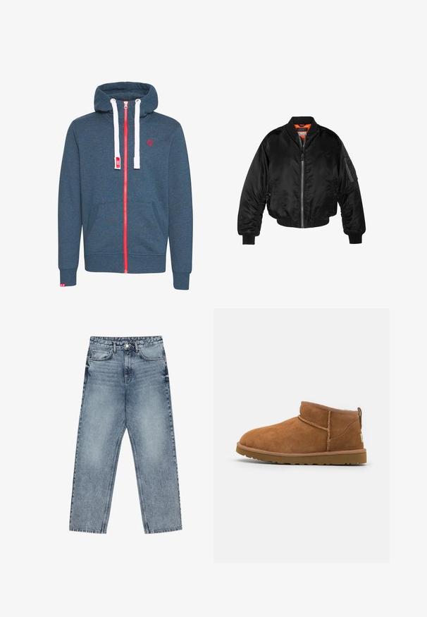 Juodas bomberio tipo švarkas, pagamintas iš blizgaus nailono audinio su lygiomis rankovėmis, užtrauktuku priekyje ir oranžine pamušalu. Su užtrauktuko kišene ant rankovės.; Mėlynas džemperis su visiškai raudona užtrauktuku, baltais virvutėmis ir raudonu logotipu. Turi kengūros stiliaus kišenę ir rištus rankogalius. Lygi, minkšta medžiagos tekstūra.; Šviesiai mėlynos džinsinės kelnės su tiesiu kelnės siluetu, matomomis siūlėmis, penkių kišenių dizainu ir mygtuko uždarymu juosmens srityje.; Šviesiai rudos nubuko aulinukai iki kulkšnies su apvaliu pirštu, subtiliomis siuvimo detalėmis ir tekstūruota guma padanga. Žemas aukštis be raištelių.