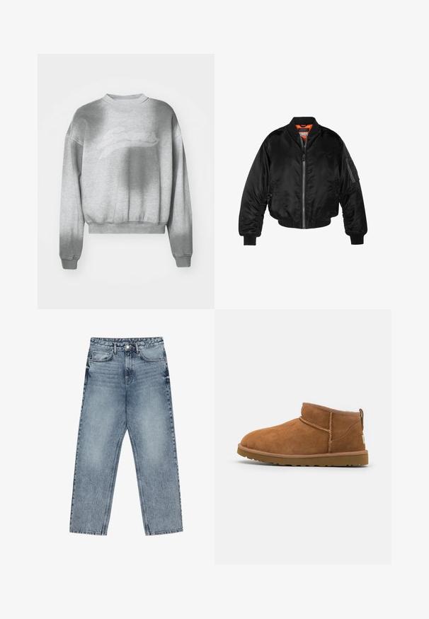 Jaqueta bomber preta feita de tecido de nylon brilhante com punhos em malha, fecho éclair na frente e forro laranja. Apresenta um bolso com fecho éclair na manga.; Sweatshirt cropped em cinza claro com um acabamento texturizado, gola arredondada e punhos canelados. Apresenta um logo tonal sutil na parte da frente.; Deve azul claro com corte reto, costura visível, design de cinco bolsos e fecho de botão na cintura.; Botim de tornozelo em camurça castanha com biqueira arredondada, detalhes de costura subtil e sola de borracha texturizada. Altura curta sem atacadores.