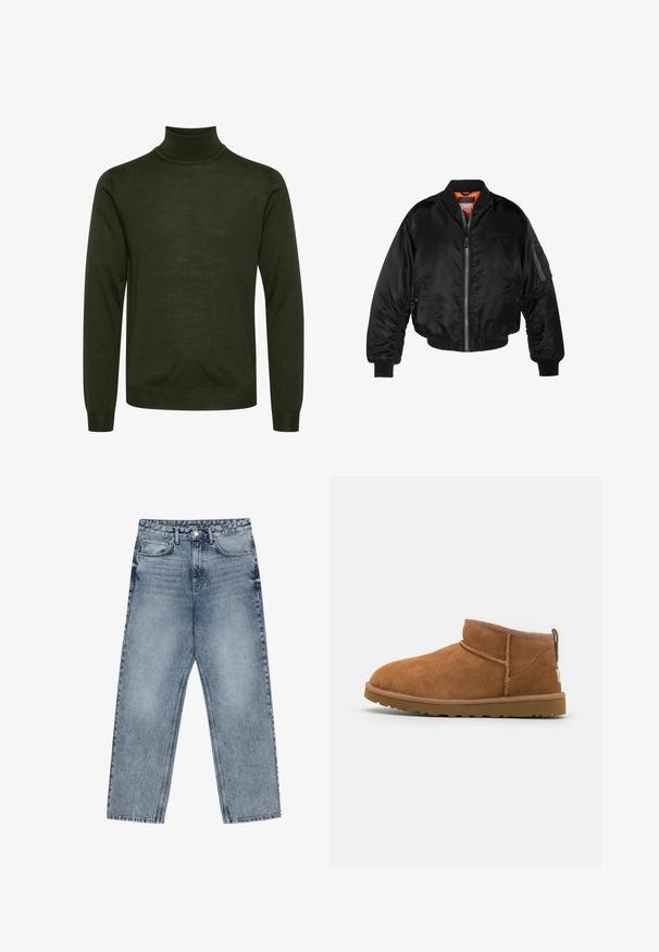 Black bomber jacket made of shiny nylon fabric with ribbed cuffs, a zip front, and an orange lining. Features a zip pocket on the sleeve.; Dark green long-sleeve turtleneck sweater with ribbed cuffs and waistband, featuring a smooth knit texture.; Light blue denim jeans with a straight leg cut, visible stitching, five pocket design, and a button closure at the waist.; Tan suede ankle boot with a rounded toe, subtle stitching details, and a textured rubber sole. Short height without laces.