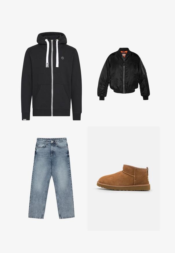 Black bomber jacket made of shiny nylon fabric with ribbed cuffs, a zip front, and an orange lining. Features a zip pocket on the sleeve.; Black zip-up hoodie made of cotton blend. Features a silver zipper, white drawstrings, front pockets, and a logo patch on the chest.; Light blue denim jeans with a straight leg cut, visible stitching, five pocket design, and a button closure at the waist.; Tan suede ankle boot with a rounded toe, subtle stitching details, and a textured rubber sole. Short height without laces.