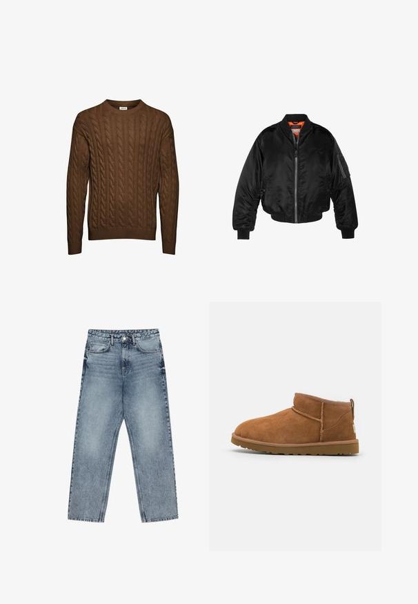 Svart bomberjakke laget av blank nylonstoff med ribbede mansjetter, glidelås foran og oransjefôr. Har en glidelåslomme på ermet.; Brun cable-knit genser med rund hals, ribbestrikkede ermer og nederkant. Har vertikale teksturerte mønstre over hele plagget. Laget av mykt materiale.; Lys blå denimjeans med rett benkutt, synlige sømmer, fem lommers design og knappelukking i livet.; Tan semsket ankelstøvel med rund tå, subtile stikninger og en teksturert gummisåle. Kort høyde uten snøring.