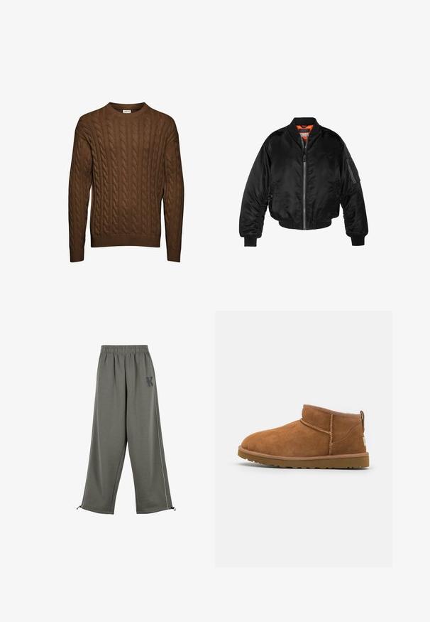 Czarna kurtka bombowiec wykonana z błyszczącego nylonowego materiału, z prążkowanymi mankietami, zamek z przodu i pomarańczową podszewką. Posiada kieszeń na zamku na rękawie.; Brązowy sweter w splot warkoczowy z okrągłym dekoltem, ściągaczami przy mankietach i u dołu. Posiada pionowe wzory teksturowe na całej powierzchni. Wykonany z miękkiego materiału.; Karl Kani SIDESTRIPE jasnozielony melanż; Beżowe zamszowe botki za kostkę z okrągłym noskiem, subtelnymi detalami przeszyć oraz teksturowaną gumową podeszwą. Niskie, bez sznurówek.