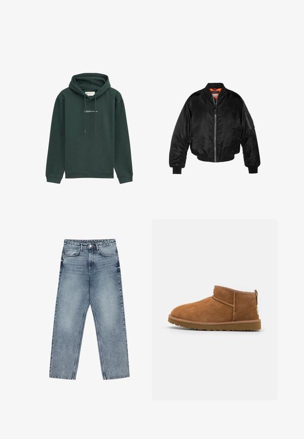 Czarna kurtka bombowiec wykonana z błyszczącego nylonowego materiału, z prążkowanymi mankietami, zamek z przodu i pomarańczową podszewką. Posiada kieszeń na zamku na rękawie.; Zielona bluza z kapturem wykonana z miękkiego materiału, z przednią kieszenią i sznurkami. Na klatce piersiowej widnieje logo w białym kolorze.; Jasnoniebieskie dżinsy z prostymi nogawkami, widocznym przeszyciem, pięcioma kieszeniami oraz zapięciem na guzik w talii.; Beżowe zamszowe botki za kostkę z okrągłym noskiem, subtelnymi detalami przeszyć oraz teksturowaną gumową podeszwą. Niskie, bez sznurówek.