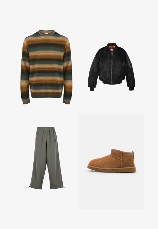 Schwarze Bomberjacke aus glänzendem Nylonstoff mit gerippten Bündchen, durchgehendem Reißverschluss und orangefarbenem Futter. Verfügt über eine Reißverschlusstasche am Ärmel.; Gestreifter Pullover in Grautönen, Braun und Beige. Verfügt über eine gerippte Struktur, Rundhalsausschnitt und lange Ärmel mit einem enganliegenden Saum.; Karl Kani KK OS SIDESTRIPE - Stoffhose - grey; Hellbraune Wildleder-Stiefelette mit runder Zehenform, dezenten Nähdetails und einer strukturierten Gummisohle. Kurze Höhe ohne Schnürsenkel.