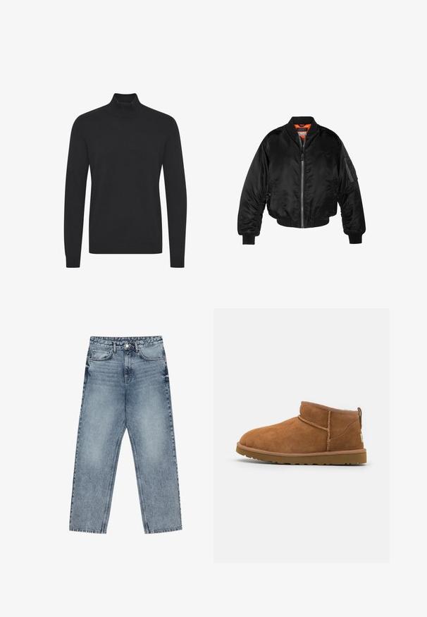 Schwarze Bomberjacke aus glänzendem Nylonstoff mit gerippten Bündchen, durchgehendem Reißverschluss und orangefarbenem Futter. Verfügt über eine Reißverschlusstasche am Ärmel.; Schwarzer Rollkragenpullover aus glattem Stoff, mit langen Ärmeln und gerippten Bündchen und Saum. Schlichtes, ungeschmücktes Design.; Hellblaue Jeans aus Denim mit geradem Schnitt, sichtbaren Nähten, fünf Taschen-Design und einem Knopfverschluss an der Taille.; Hellbraune Wildleder-Stiefelette mit runder Zehenform, dezenten Nähdetails und einer strukturierten Gummisohle. Kurze Höhe ohne Schnürsenkel.