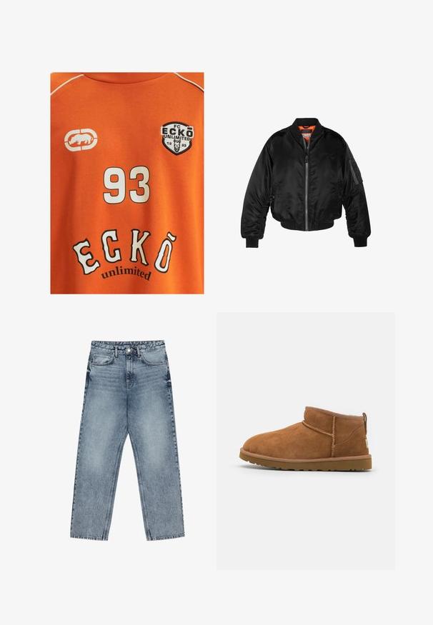 Zwarte bomberjack gemaakt van glanzende nylon stof met ribbelmanchetten, een ritssluiting aan de voorkant en een oranje voering. Bevat een ritssluiting zak op de mouw.; Oranje katoenen t-shirt met een witte nummer "93" en "ECKŌ unlimited" in zwart-witte letters. Inclusief een logo met een neushoorn.; Lichtblauwe denim jeans met een rechte pijp, zichtbare stiksels, vijf zakken en een knoopsluiting in de taille.; Tan suède enkellaars met een ronde neus, subtiele stiksels en een gestructureerde rubberen zool. Korte hoogte zonder veters.