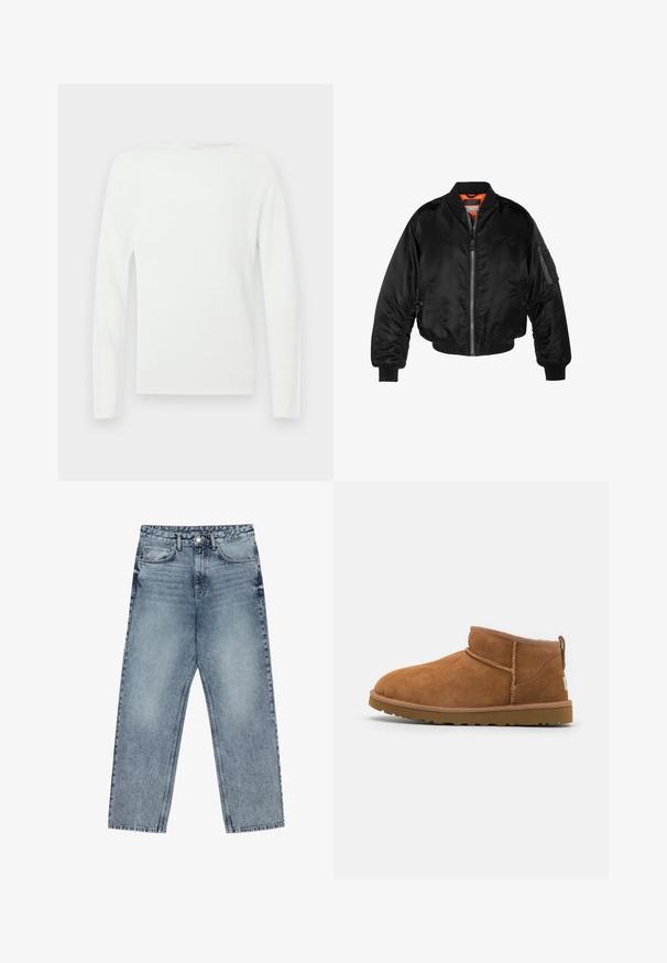 Czarna kurtka bombowiec wykonana z błyszczącego nylonowego materiału, z prążkowanymi mankietami, zamek z przodu i pomarańczową podszewką. Posiada kieszeń na zamku na rękawie.; Biały sweter z długim rękawem i okrągłym dekoltem, o gładkiej teksturze i dopasowanym kroju.; Jasnoniebieskie dżinsy z prostymi nogawkami, widocznym przeszyciem, pięcioma kieszeniami oraz zapięciem na guzik w talii.; Beżowe zamszowe botki za kostkę z okrągłym noskiem, subtelnymi detalami przeszyć oraz teksturowaną gumową podeszwą. Niskie, bez sznurówek.