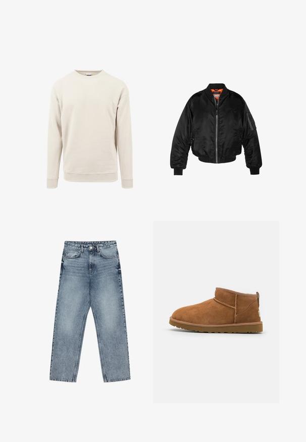 Crna bomberska jakna izrađena od sjajnog najlonskog materijala s rebrastim manžetama, prednjim zatvaračem i narančastim podstavom. Ima zip džep na rukavu.; Svijetlosmešavasti dukserica napravljena od mekane tkanine, s okruglim izrezom, dugim rukavima i rebrastim manžetama na rukavima i rubu.; Svijetloplave traperice ravnog kroja, vidljivo šivanje, dizajn s pet džepova i kopčanje na gumbu u struku.; Tamnasti antilop čizme do gležnja s zaobljenim vrhom, suptilnim detaljima šivanja i teksturiranom gumom potplatom. Niska visina bez pertli.