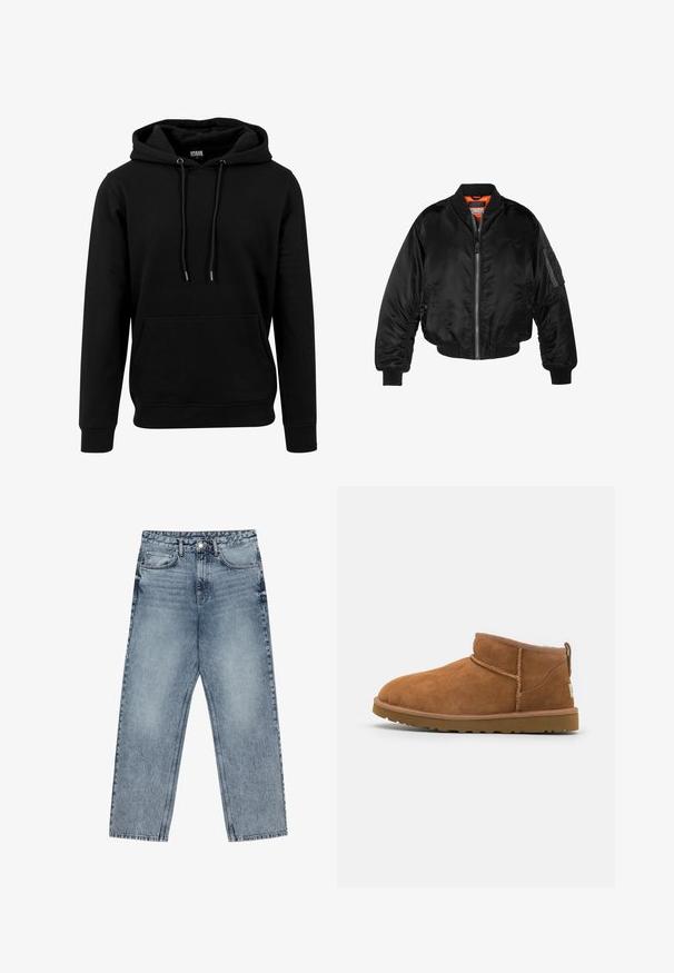 Svart bomberjacka i glänsande nylon med ribbad mudd, dragkedja fram och orange foder. Har en ficka med dragkedja på ärmen.; Svart huvtröja i mjukt tyg, med en stor framficka, snörning och ribbade muddar och nederkant. Enkel design i en solid färg.; Ljust blå denimjeans med rak benform, synliga sömmar, fem fickor och en knappstängning i midjan.; Tan mockasinstövlar med rund tå, subtila sömnadsdetaljer och en texturerad gummisula. Kort höjd utan snörning.