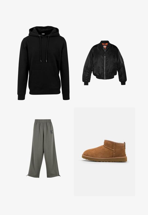 Must noirist bomber-jakk, mis on valmistatud läikivast nailonist kangast, ribikätistega, lukk ees ja oranž vooder. Omab lukuga taskut varruka peal.; Must värvi pehme kangaga must kapuutsiga, millel on suur esikott, nööbid ja soonikkoes varrukad ja ääred. Lihtne, ühtne värvi disain.; Karl Kani KK OS SIDESTRIPE - Püksid - grey; Kerged suede pahklipüne, ümarate varvastega, delikaatsed õmblustead ja tekstureeritud kummist tald. Lühike kõrgus ilma paeltega.