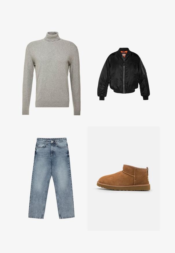 Black bomber jacket made of shiny nylon fabric with ribbed cuffs, a zip front, and an orange lining. Features a zip pocket on the sleeve.; Gray pullover sweater with a high neck and long sleeves. Made from a smooth, soft material with a fitted design and ribbed accents at the hem.; Light blue denim jeans with a straight leg cut, visible stitching, five pocket design, and a button closure at the waist.; Tan suede ankle boot with a rounded toe, subtle stitching details, and a textured rubber sole. Short height without laces.