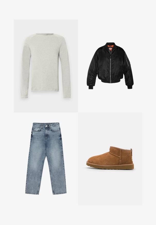 Giubbotto bomber nero realizzato in nylon lucido, con polsini a costine, chiusura con zip frontale e fodera arancione. Presenta una tasca con zip sulla manica.; Maglietta a maniche lunghe grigia chiara con scollo rotondo, tessuto testurizzato e maniche raglan. Design semplice, senza loghi o motivi visibili.; Jeans in denim azzurro chiaro con taglio a gamba dritta, cuciture visibili, design a cinque tasche e chiusura a bottoni in vita.; Stivaletto in camoscio color tan con punta rotonda, dettagli di cucitura discreti e suola in gomma texture. Altezza ridotta senza lacci.