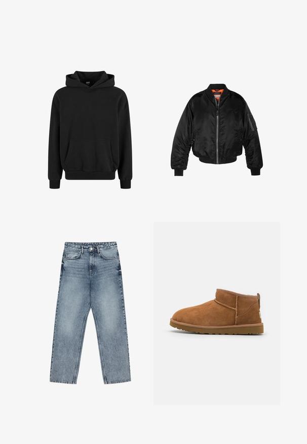 Crna bomberska jakna izrađena od sjajnog najlonskog materijala s rebrastim manžetama, prednjim zatvaračem i narančastim podstavom. Ima zip džep na rukavu.; Crna dukserica s kenguruhan džepom, širokim rukavima i rebrastim manžetama i donjim rubom. Napravljena od mekog materijala sa glatkom teksturom.; Svijetloplave traperice ravnog kroja, vidljivo šivanje, dizajn s pet džepova i kopčanje na gumbu u struku.; Tamnasti antilop čizme do gležnja s zaobljenim vrhom, suptilnim detaljima šivanja i teksturiranom gumom potplatom. Niska visina bez pertli.