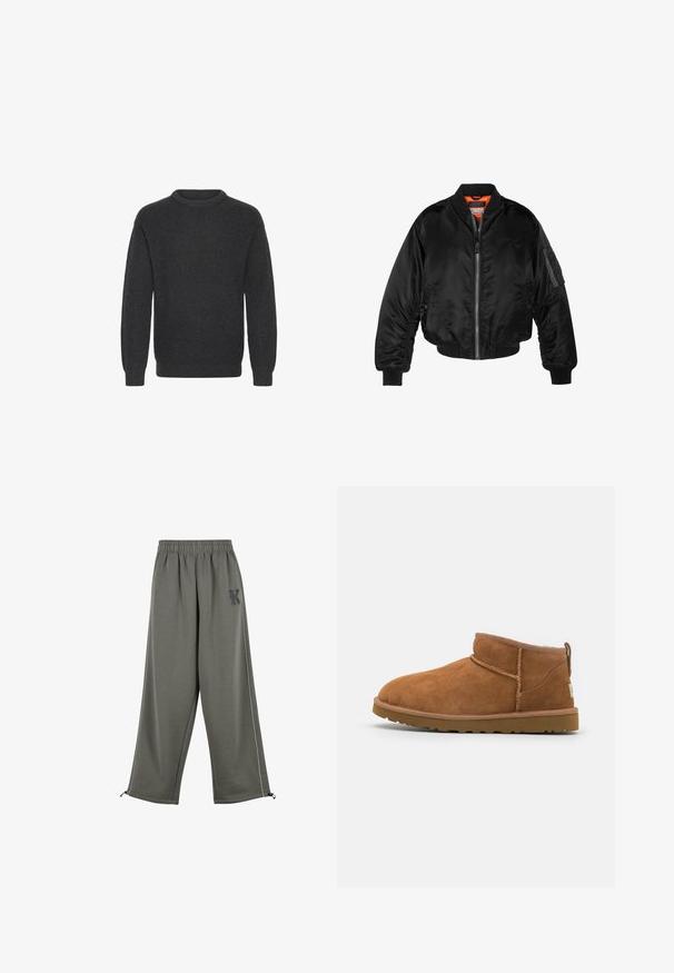 Musta pommittaja-takki, joka on valmistettu kiiltävästä nailonista, ribbettyistä hihansuista, vetoketjukiinnityksestä ja oranssista vuorauksesta. Takissa on vetoketjullinen tasku hihassa.; Tummanharmaa, ribbikuvioinen neulepusero, jossa on pyöreä kaula-aukko, pitkät hihat ja rento istuvuus, jonka pinta on teksturoitu kauttaaltaan.; Karl Kani KK OS SIDESTRIPE - Housut - grey; Vaaleanruskeat mokkasaappaat nilkkapituiset, joissa on pyöristetty kärki, hienovaraiset ommeltydet ja teksturoitu kumipohja. Lyhyt malli ilman nauhoja.