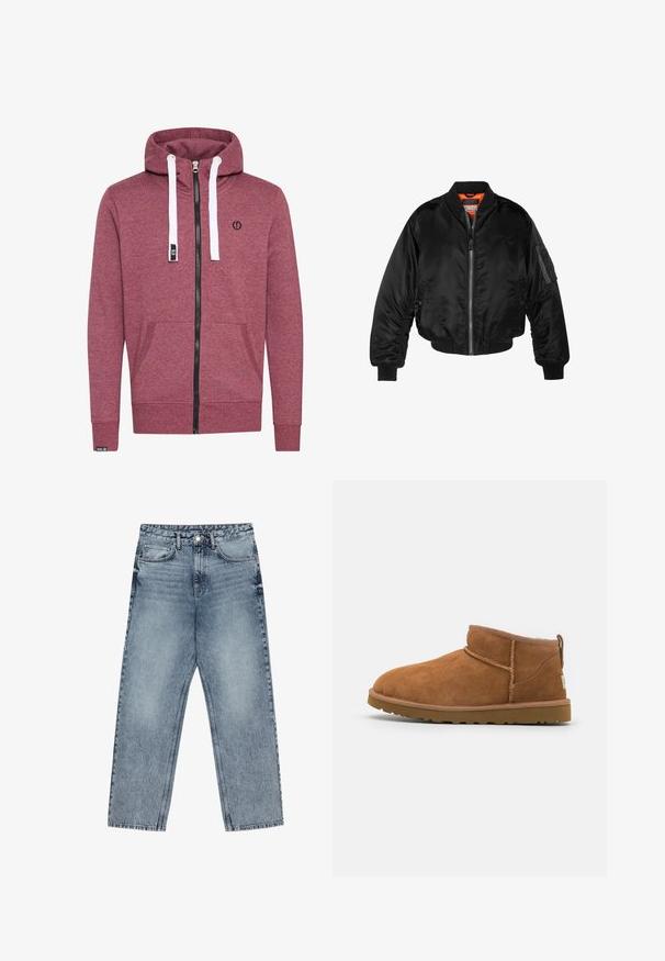 Giubbotto bomber nero realizzato in nylon lucido, con polsini a costine, chiusura con zip frontale e fodera arancione. Presenta una tasca con zip sulla manica.; Felpa con zip color bordeaux, dotata di tasche a marsupio, cordini bianchi e zip nera. Presenta un piccolo logo sul petto e polsini a coste.; Jeans in denim azzurro chiaro con taglio a gamba dritta, cuciture visibili, design a cinque tasche e chiusura a bottoni in vita.; Stivaletto in camoscio color tan con punta rotonda, dettagli di cucitura discreti e suola in gomma texture. Altezza ridotta senza lacci.