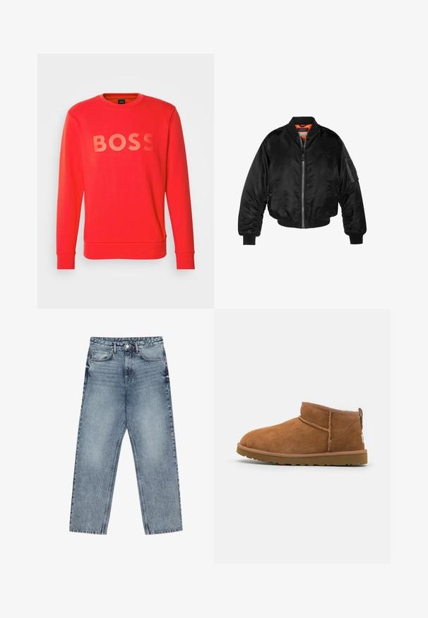 Zwarte bomberjack gemaakt van glanzende nylon stof met ribbelmanchetten, een ritssluiting aan de voorkant en een oranje voering. Bevat een ritssluiting zak op de mouw.; BOSS SALBO - Sweater - open red; Lichtblauwe denim jeans met een rechte pijp, zichtbare stiksels, vijf zakken en een knoopsluiting in de taille.; Tan suède enkellaars met een ronde neus, subtiele stiksels en een gestructureerde rubberen zool. Korte hoogte zonder veters.