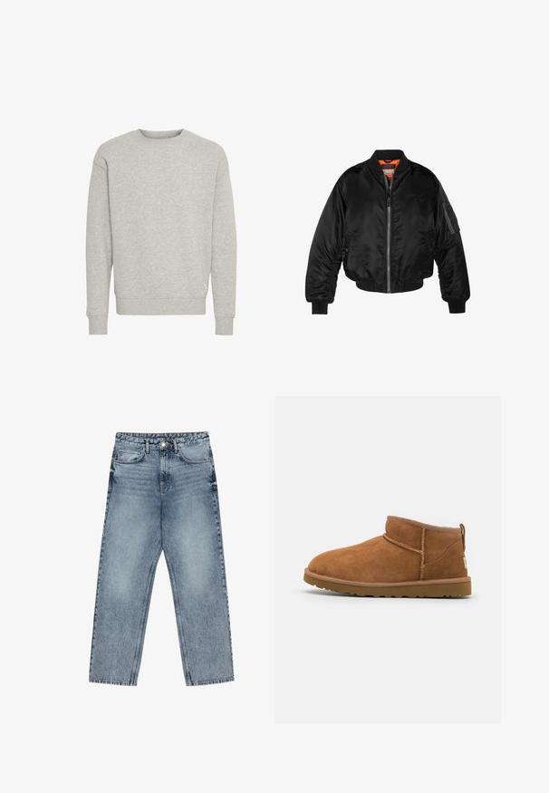 Schwarze Bomberjacke aus glänzendem Nylonstoff mit gerippten Bündchen, durchgehendem Reißverschluss und orangefarbenem Futter. Verfügt über eine Reißverschlusstasche am Ärmel.; Grau sweatshirt aus weichem Baumwollmix, mit rundem Halsausschnitt und gerippten Bündchen. Einfaches Design ohne Muster oder Akzente.; Hellblaue Jeans aus Denim mit geradem Schnitt, sichtbaren Nähten, fünf Taschen-Design und einem Knopfverschluss an der Taille.; Hellbraune Wildleder-Stiefelette mit runder Zehenform, dezenten Nähdetails und einer strukturierten Gummisohle. Kurze Höhe ohne Schnürsenkel.