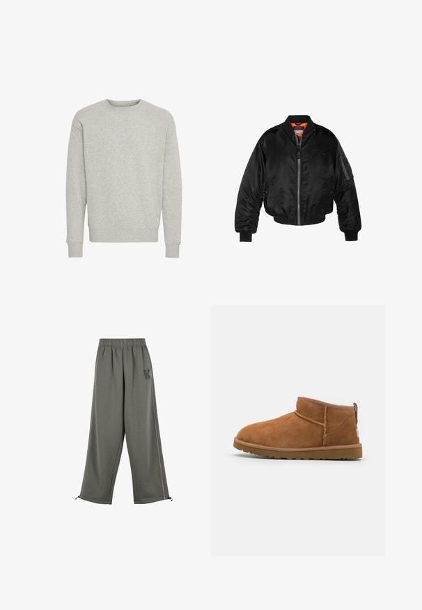 Jachetă bomber neagră dintr-un material nylon lucios, cu manșete ribbed, deschidere cu fermoar și căptușeală portocalie. Prezintă o buzunare cu fermoar pe mânecă.; Hanorac gri dintr-un amestec moale de bumbac, cu guler rotund și mâneci ribbate. Design simplu, fără modele sau accente.; Karl Kani KK OS SIDESTRIPE - Pantaloni - grey; Botină antrenașă din suede bej, cu vârf rotund, detalii subtile de cusătură și o talpă din cauciuc texturată. Înălțime scurtă fără șireturi.