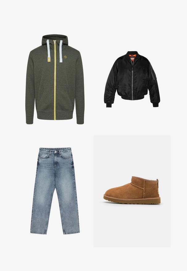 Črna bomberska jakna iz sijočega najlonskega materiala z rebrastimi manšeti, z zadrgo na sprednji strani in oranžno podlogo. Ima žep z zadrgo na rokavu.; Temnozelen zip-up dukserica z rumenim zadrgo in modrimi vrvicami. Ima sprednje žepke in podrobnost z logotipom. Mehka tekstura tkanine.; Svijetloplave traperice s ravnim krojem, vidljivim šavovima, dizajnom od pet džepova i kopčanjem na gumbu u struku.; Tanen semiš škornji do gležnjev z zaobljenim nosom, subtilnimi šivi in teksturirano gumijasto podplatom. Kratka višina brez vezalk.