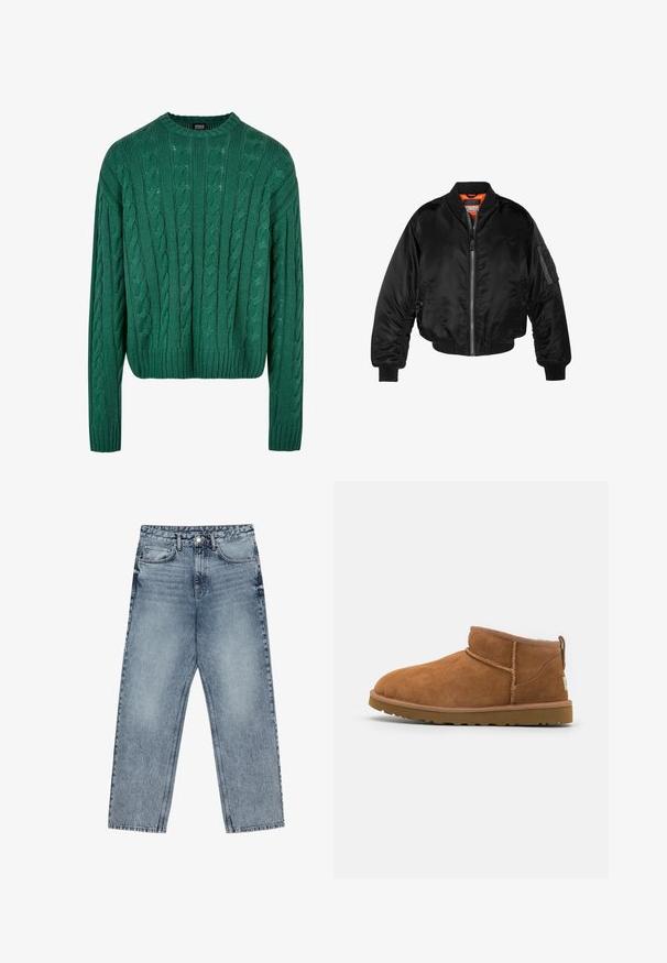 Czarna kurtka bombowiec wykonana z błyszczącego nylonowego materiału, z prążkowanymi mankietami, zamek z przodu i pomarańczową podszewką. Posiada kieszeń na zamku na rękawie.; Zielony sweter z dzianiny w warkocze, z okrągłym dekoltem i długimi rękawami. Ma krótki fason oraz strukturalny wzór na całej powierzchni.; Jasnoniebieskie dżinsy z prostymi nogawkami, widocznym przeszyciem, pięcioma kieszeniami oraz zapięciem na guzik w talii.; Beżowe zamszowe botki za kostkę z okrągłym noskiem, subtelnymi detalami przeszyć oraz teksturowaną gumową podeszwą. Niskie, bez sznurówek.