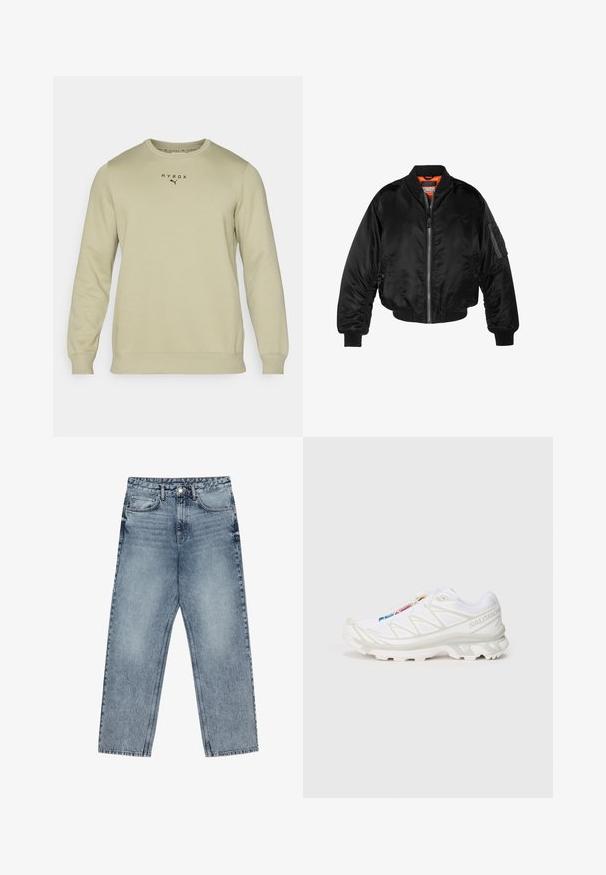 Czarna kurtka bombowiec wykonana z błyszczącego nylonowego materiału, z prążkowanymi mankietami, zamek z przodu i pomarańczową podszewką. Posiada kieszeń na zamku na rękawie.; Jasnozielona bluza z długim rękawem, okrągłym dekoltem i ściągaczami. Na piersi znajduje się czarny napis "HYROX" oraz logo Pumy. Gładka faktura.; Jasnoniebieskie dżinsy z prostymi nogawkami, widocznym przeszyciem, pięcioma kieszeniami oraz zapięciem na guzik w talii.; Białe buty sportowe z teksturowaną siateczką, odblaskowymi akcentami i wyprofilowaną podeszwą. Zauważalne logo marki z boku.