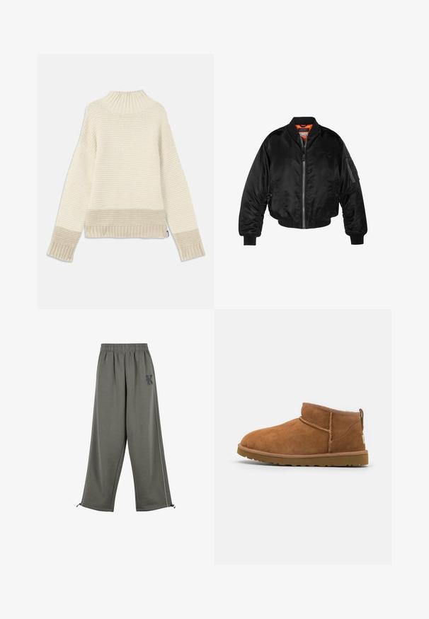 Must noirist bomber-jakk, mis on valmistatud läikivast nailonist kangast, ribikätistega, lukk ees ja oranž vooder. Omab lukuga taskut varruka peal.; Kreemivärvi paksu kudumi särk kõrge rööpastika kaelusega. Omab tekstuurilisi mustreid ning rööpastikuga varrukate ja hemmi. Pehme, soe kangas.; Karl Kani KK OS SIDESTRIPE - Püksid - grey; Kerged suede pahklipüne, ümarate varvastega, delikaatsed õmblustead ja tekstureeritud kummist tald. Lühike kõrgus ilma paeltega.