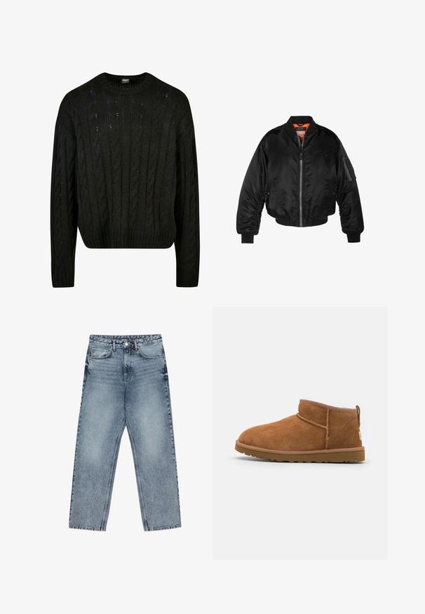 Must noirist bomber-jakk, mis on valmistatud läikivast nailonist kangast, ribikätistega, lukk ees ja oranž vooder. Omab lukuga taskut varruka peal.; Must kasvain kudumiga must kampsun, millel on kaabelkudumise muster, ümar kaelus, langevad õlad ja soonikkoes äär. Keskmise pikkusega disain, millel on tekstureeritud pind.; Heledad sinine teksad sirge lõikega, nähtavate õmblustega, viie taskuga disain ja nupuga kinnitamine vööl.; Kerged suede pahklipüne, ümarate varvastega, delikaatsed õmblustead ja tekstureeritud kummist tald. Lühike kõrgus ilma paeltega.