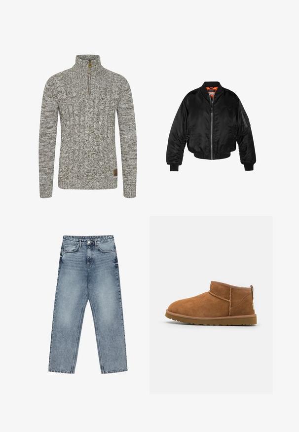 Giubbotto bomber nero realizzato in nylon lucido, con polsini a costine, chiusura con zip frontale e fodera arancione. Presenta una tasca con zip sulla manica.; Felpa a maglia cable in un grigio-verde tenue, con colletto a mezze zip e un motivo di tessuto a rilievo. Patch del logo marrone all'orlo.; Jeans in denim azzurro chiaro con taglio a gamba dritta, cuciture visibili, design a cinque tasche e chiusura a bottoni in vita.; Stivaletto in camoscio color tan con punta rotonda, dettagli di cucitura discreti e suola in gomma texture. Altezza ridotta senza lacci.