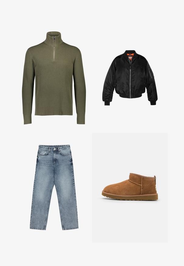 Svart bomberjacka i glänsande nylon med ribbad mudd, dragkedja fram och orange foder. Har en ficka med dragkedja på ärmen.; Olivgrön ribbad stickad tröja med hög krage och fjärdedels dragkedja. Har långa ärmar och en texturerad finish.; Ljust blå denimjeans med rak benform, synliga sömmar, fem fickor och en knappstängning i midjan.; Tan mockasinstövlar med rund tå, subtila sömnadsdetaljer och en texturerad gummisula. Kort höjd utan snörning.