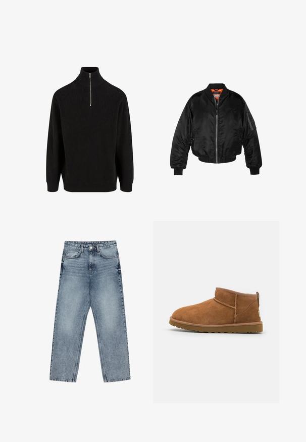 Czarna kurtka bombowiec wykonana z błyszczącego nylonowego materiału, z prążkowanymi mankietami, zamek z przodu i pomarańczową podszewką. Posiada kieszeń na zamku na rękawie.; Czarny sweter z golfem, z dzianiny prążkowanej, z półsuwnym zamkiem, długimi rękawami i luźnym krojem. Teksturowana dzianina w jednolitym kolorze.; Jasnoniebieskie dżinsy z prostymi nogawkami, widocznym przeszyciem, pięcioma kieszeniami oraz zapięciem na guzik w talii.; Beżowe zamszowe botki za kostkę z okrągłym noskiem, subtelnymi detalami przeszyć oraz teksturowaną gumową podeszwą. Niskie, bez sznurówek.