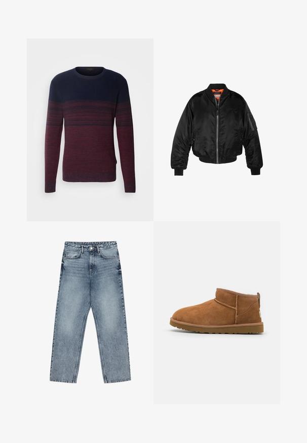 Veste bombardier noire en nylon brillant avec des poignets côtelés, un zip sur le devant et une doublure orange. Dotée d'une poche zippée sur la manche.; INDICODE JEANS Pullover - russet; Jean en denim bleu clair avec une coupe droite, couture visible, design à cinq poches et fermeture à bouton à la taille.; Bottine en suède beige avec un bout rond, des détails de couture subtils et une semelle en caoutchouc texturée. Hauteur courte sans lacets.