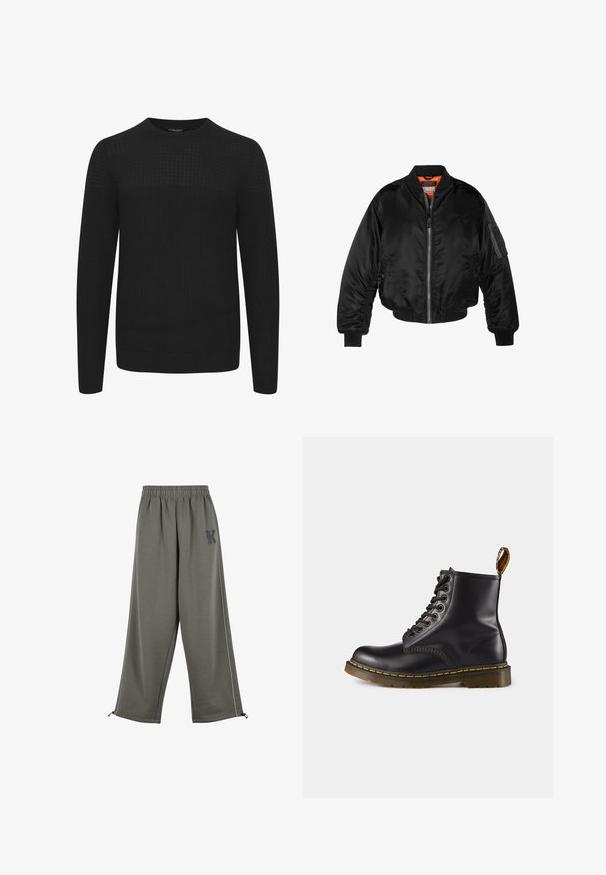 Crna bomberska jakna izrađena od sjajnog najlonskog materijala s rebrastim manžetama, prednjim zatvaračem i narančastim podstavom. Ima zip džep na rukavu.; Crni pleteni pulover s okruglim izrezom, s teksturalnim gornjim panelom i rebrastim manžetama i rubom. Izrađen od mekog, toplog materijala.; Karl Kani KK OS SIDESTRIPE - Hlače - grey; Crne kožne čizme do gležnjeva s žutim šavovima, vezanje sprijeda, zaobljenim vrhom i teksturiranom gumenom petom. Sadrže petlju za vuču straga.