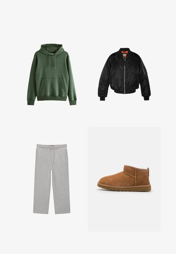 Musta pommittaja-takki, joka on valmistettu kiiltävästä nailonista, ribbettyistä hihansuista, vetoketjukiinnityksestä ja oranssista vuorauksesta. Takissa on vetoketjullinen tasku hihassa.; Vihreä puuvillaneulehuppari, jossa on etutasku, säädettävä naruhuppu, ribbauskankaiset hihansuut ja pieni logo. Sileä pinta, rento muotoilu.; Harmaat puuvillaiset olohousut, joissa on elastinen vyötärö, nauhakuja ja kaksi sivutaskua; suora lahkeiden muotoilu, pehmeä kangas, ilman kuvioita.; Vaaleanruskeat mokkasaappaat nilkkapituiset, joissa on pyöristetty kärki, hienovaraiset ommeltydet ja teksturoitu kumipohja. Lyhyt malli ilman nauhoja.