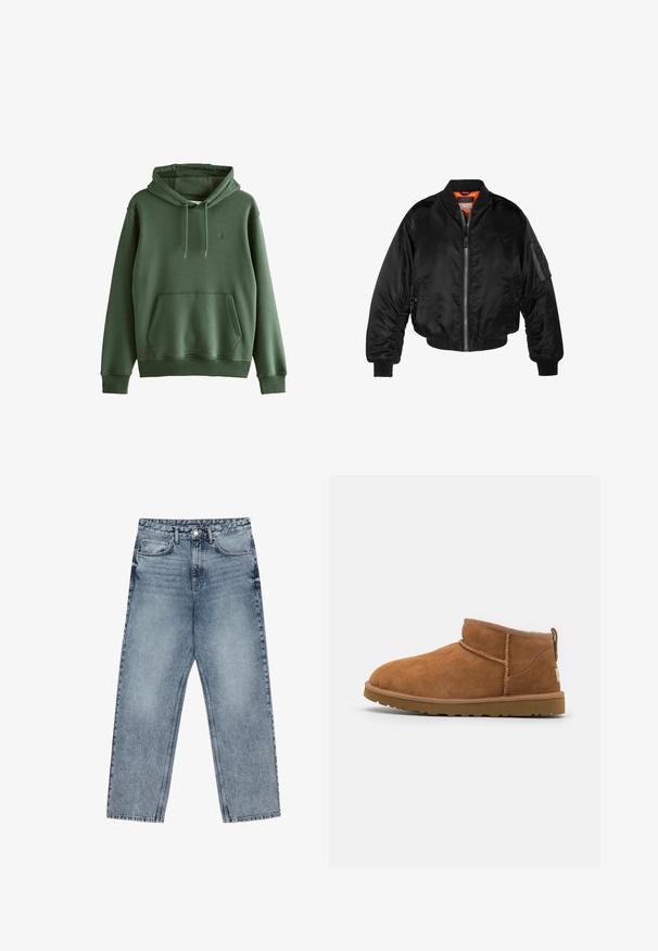 Musta pommittaja-takki, joka on valmistettu kiiltävästä nailonista, ribbettyistä hihansuista, vetoketjukiinnityksestä ja oranssista vuorauksesta. Takissa on vetoketjullinen tasku hihassa.; Vihreä puuvillaneulehuppari, jossa on etutasku, säädettävä naruhuppu, ribbauskankaiset hihansuut ja pieni logo. Sileä pinta, rento muotoilu.; Vaaleansiniset farkut, joissa on suora lahje, näkyvät tikkaus, viisi taskua ja napin suljenta vyötäröllä.; Vaaleanruskeat mokkasaappaat nilkkapituiset, joissa on pyöristetty kärki, hienovaraiset ommeltydet ja teksturoitu kumipohja. Lyhyt malli ilman nauhoja.